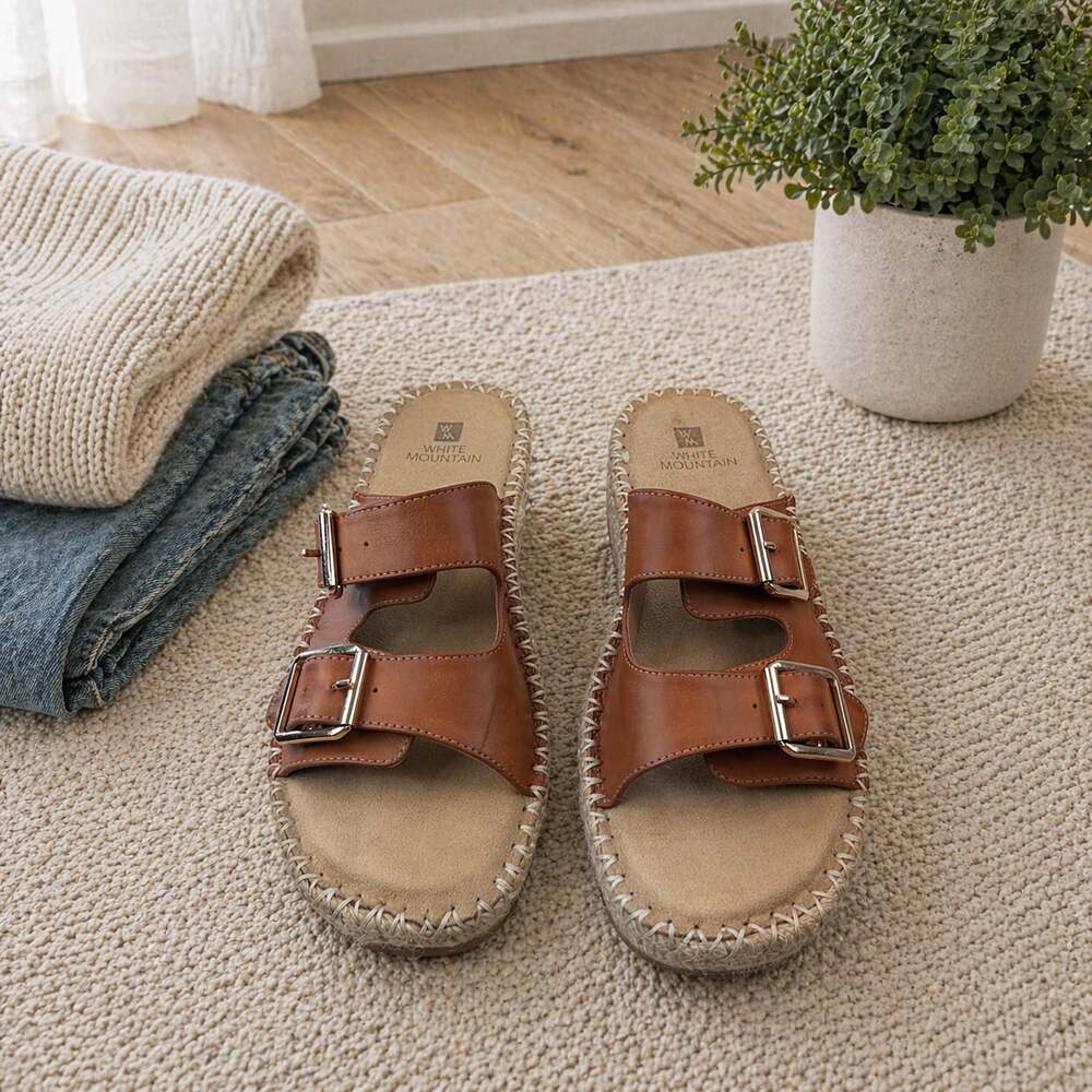 White Mountain Helga Leather Double Buckle Espadrille Slides Size 7